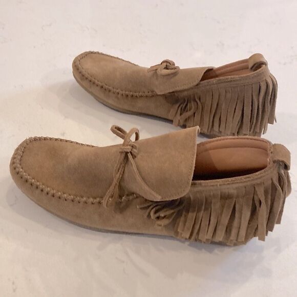 Zara camel brown genuine leather suede fringe moccasin holloween shoes size 39 - Picture 5 of 8